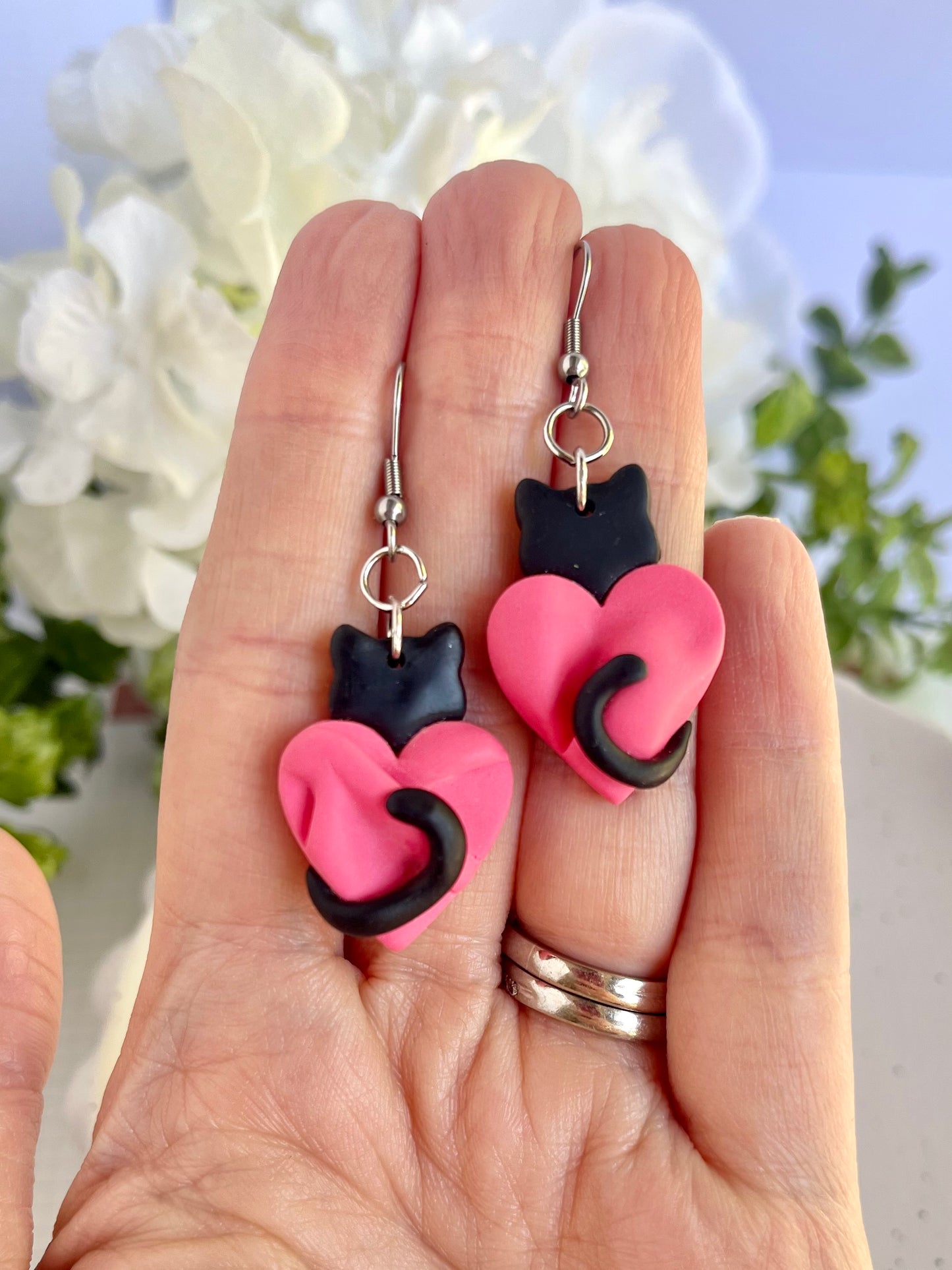Black Cat Holding Heart Earrings