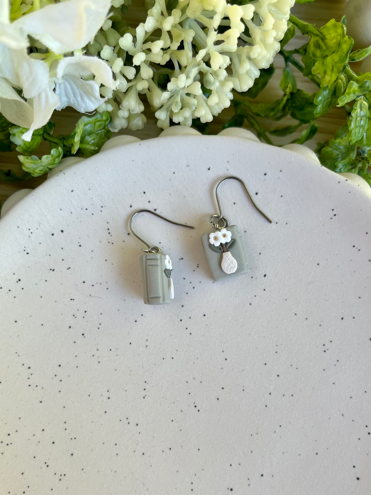 Book Earrings with White Flowers