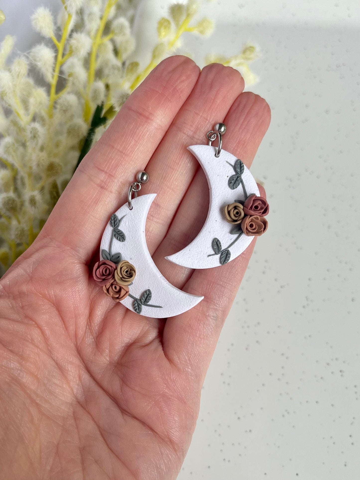 White Crescent Moon Rose Earrings