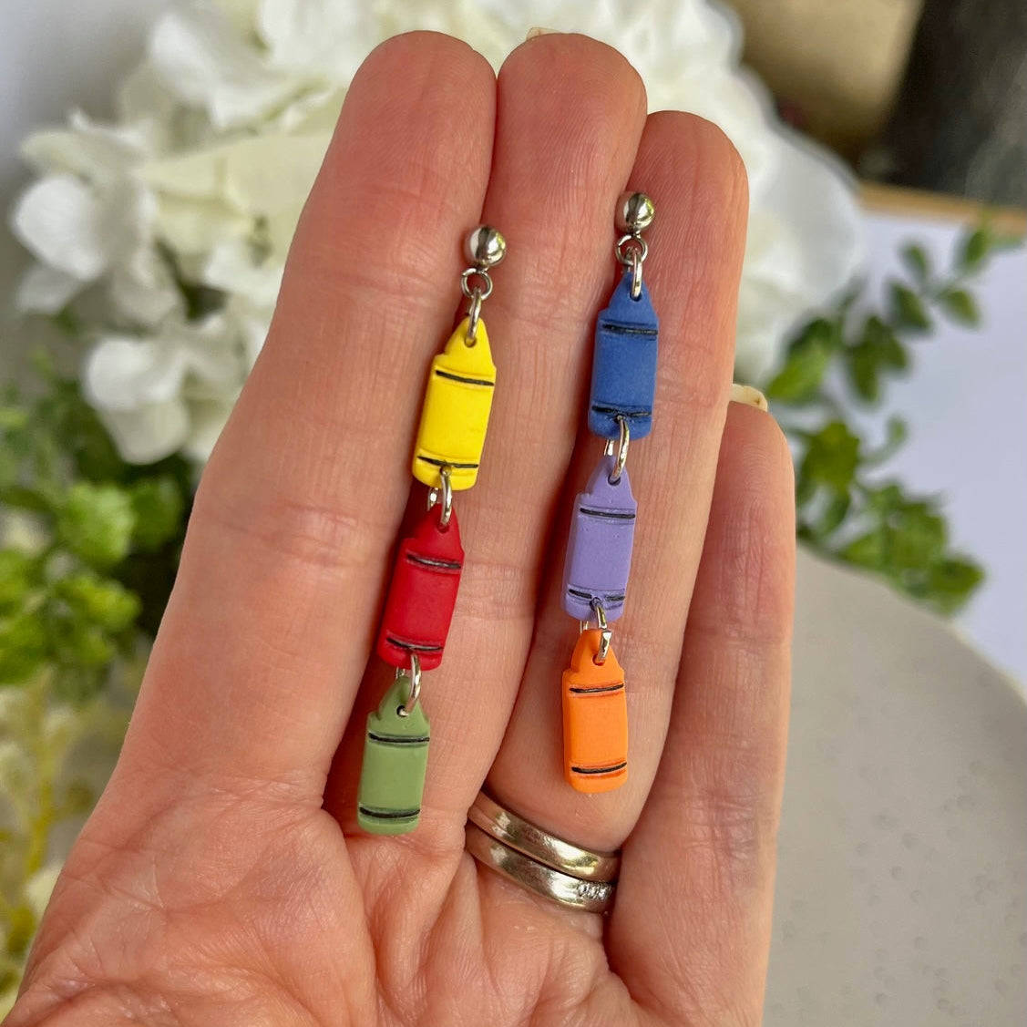 Colorful crayon dangle earrings