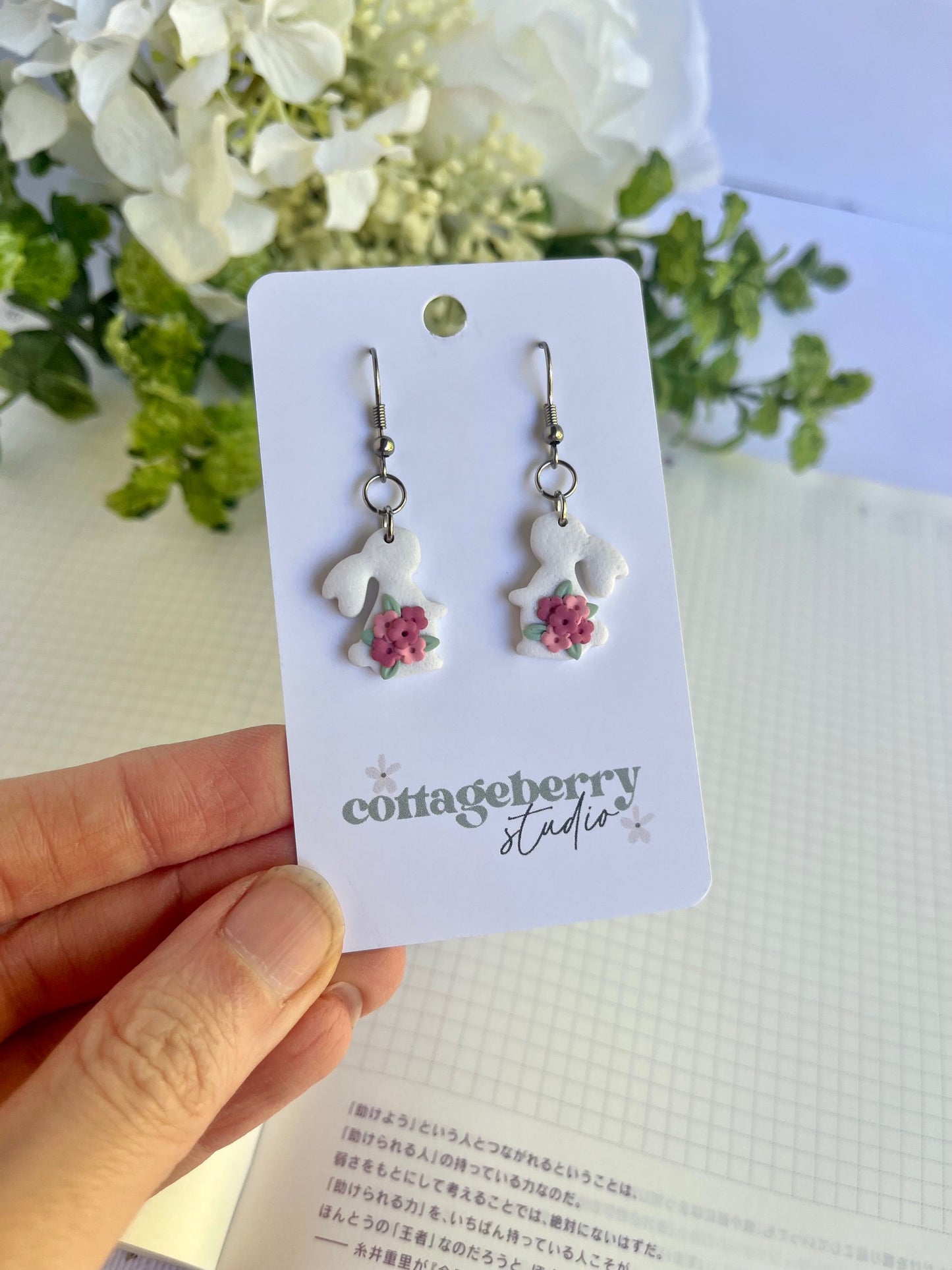 White Rabbits with Pink Flower Earrings