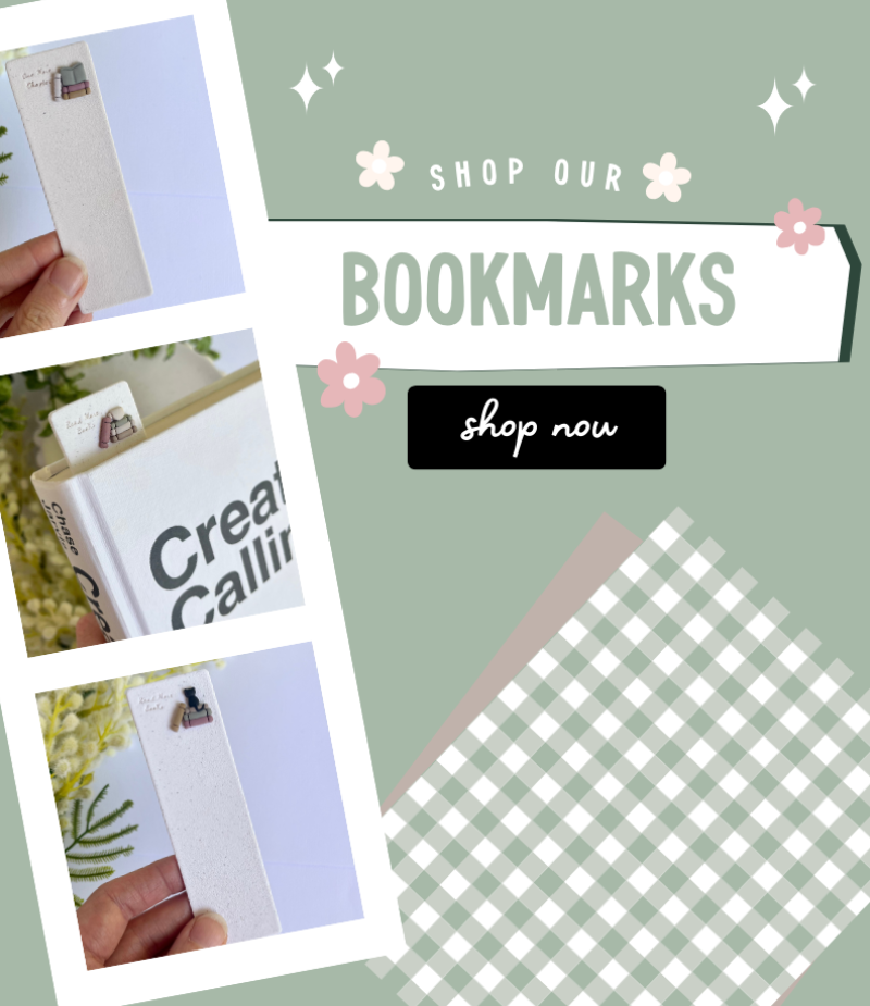 Promotional graphic for bookmarks with text 'Shop Our Bookmarks' and a call to action 'Shop Now'.