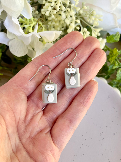 Book Earrings with White Flowers