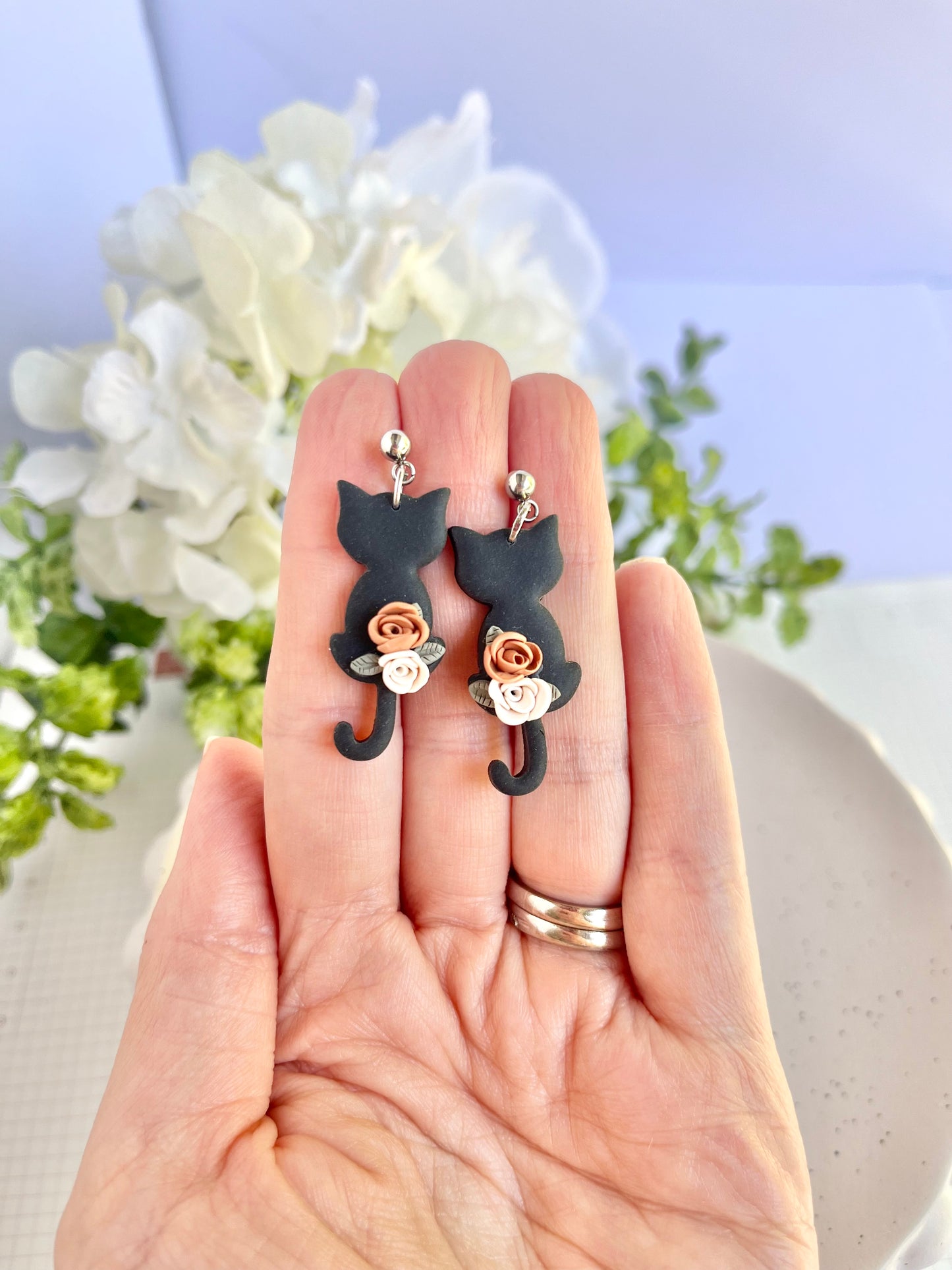 Rose Black Cat Earrings