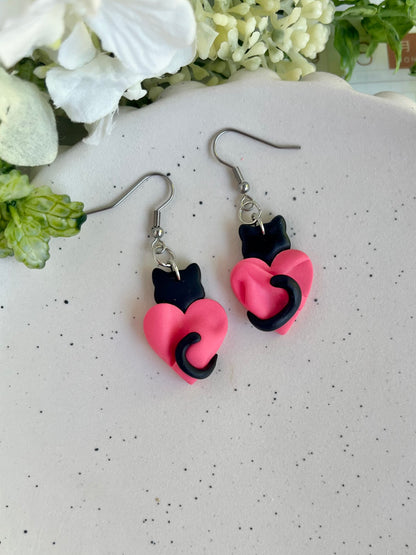 Black Cat Holding Heart Earrings
