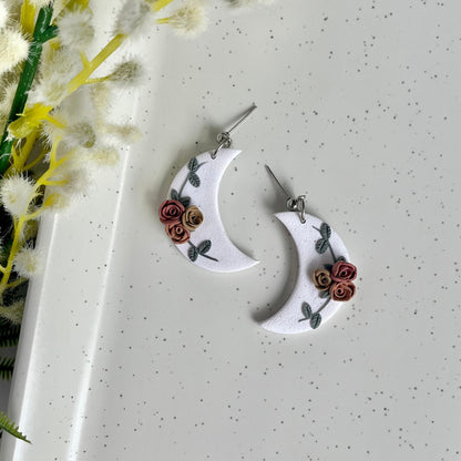 White Crescent Moon Rose Earrings