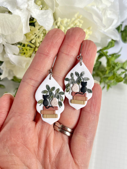 Plant Book Stack with Black Cat Earrings