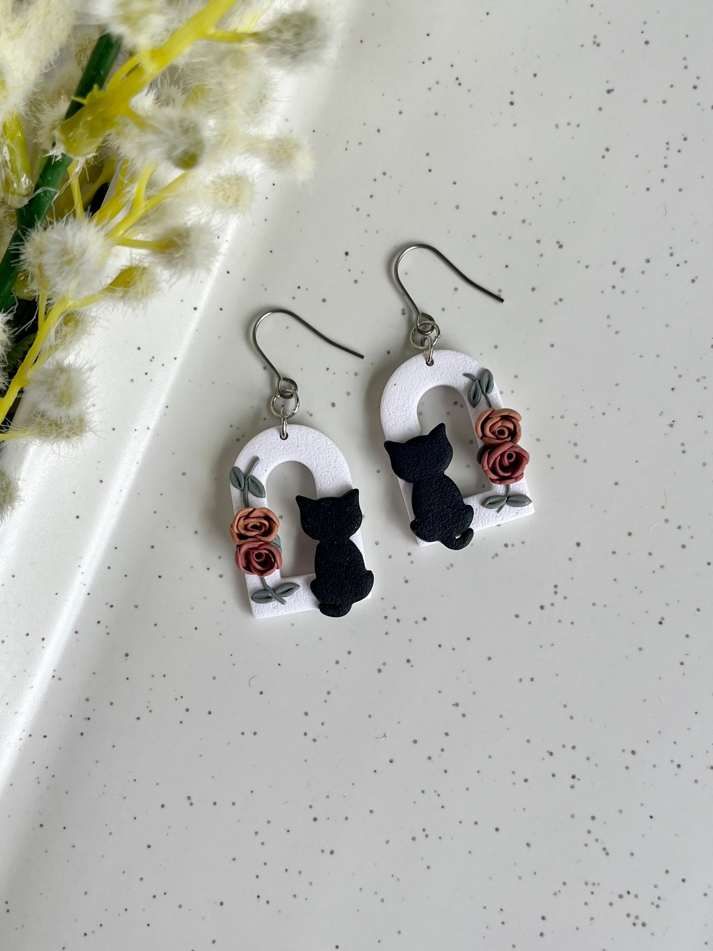 Black Cat and Rose Arch Earrings