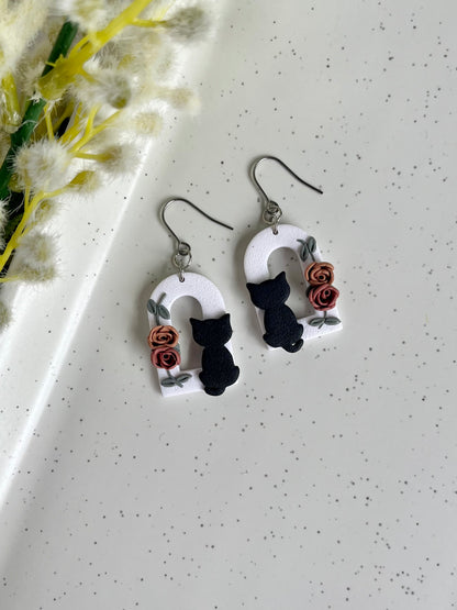Black Cat and Rose Arch Earrings