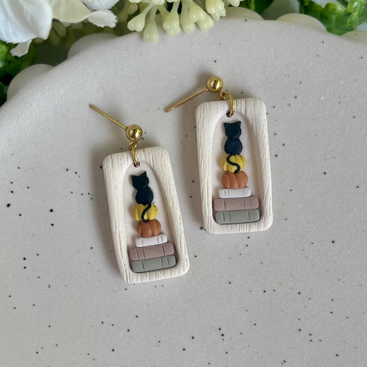 Bookshelf Earrings with Black Cats and Pumpkins