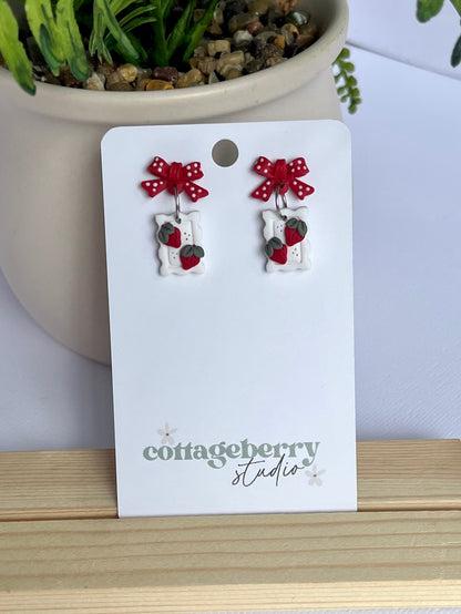 White Stamp Red Bow Strawberry Earrings