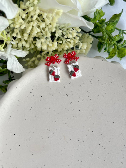 White Stamp Red Bow Strawberry Earrings