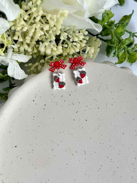 White Stamp Red Bow Strawberry Earrings