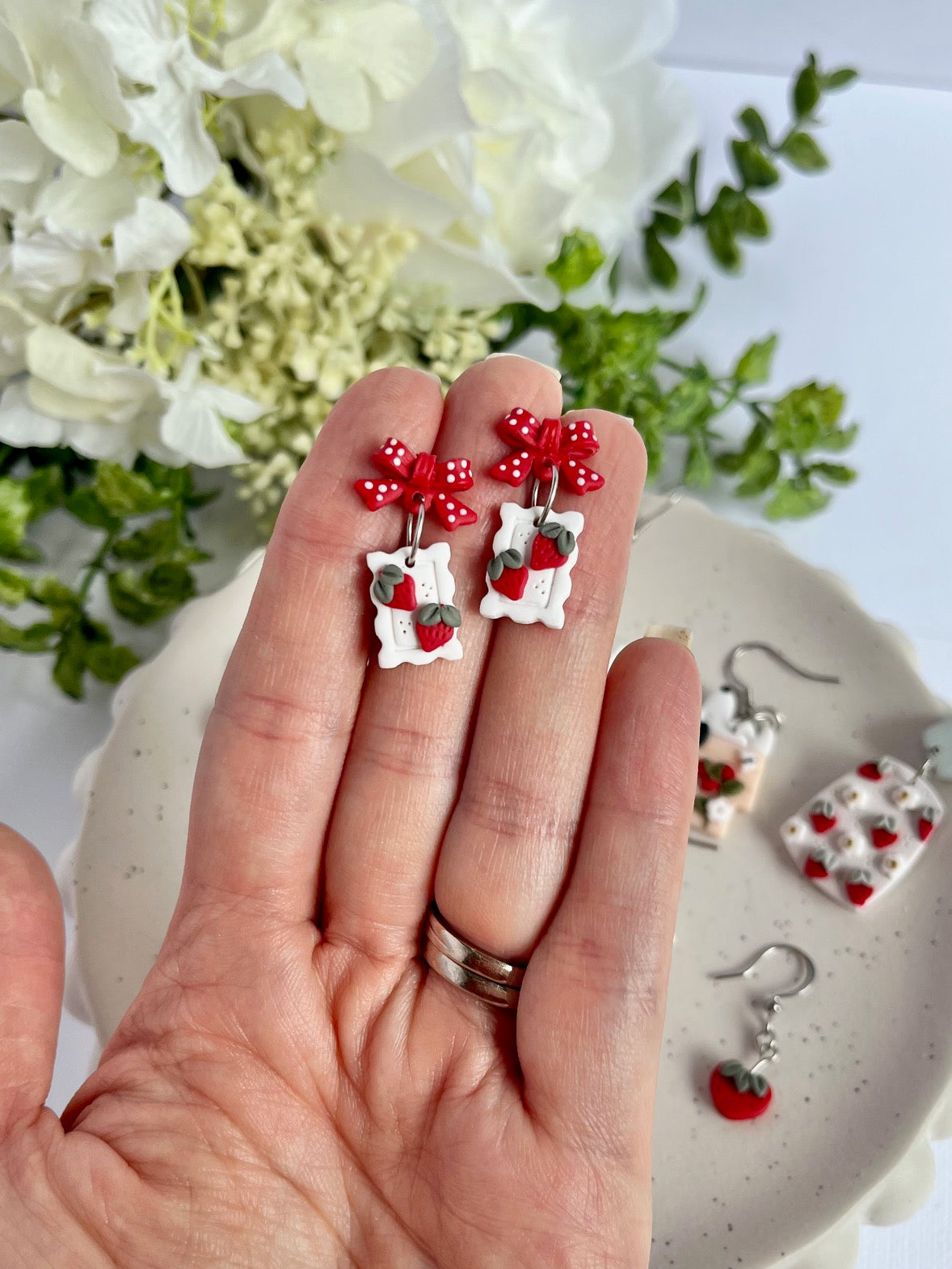 White Stamp Red Bow Strawberry Earrings