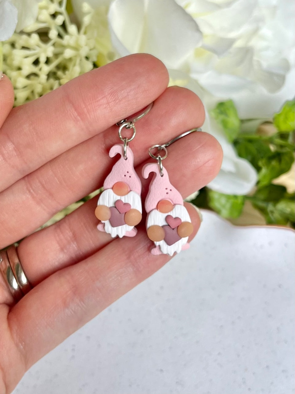 Pink Gnomes Holding Hearts Earrings