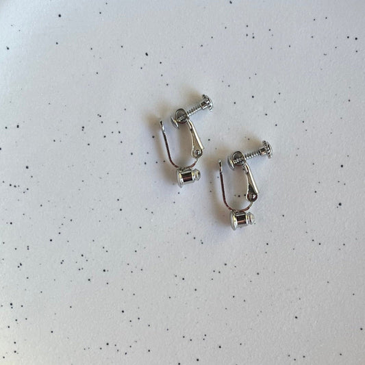 A pair of silver clip-on converters placed on a white, scallop-edged plate with a floral pattern in the background.