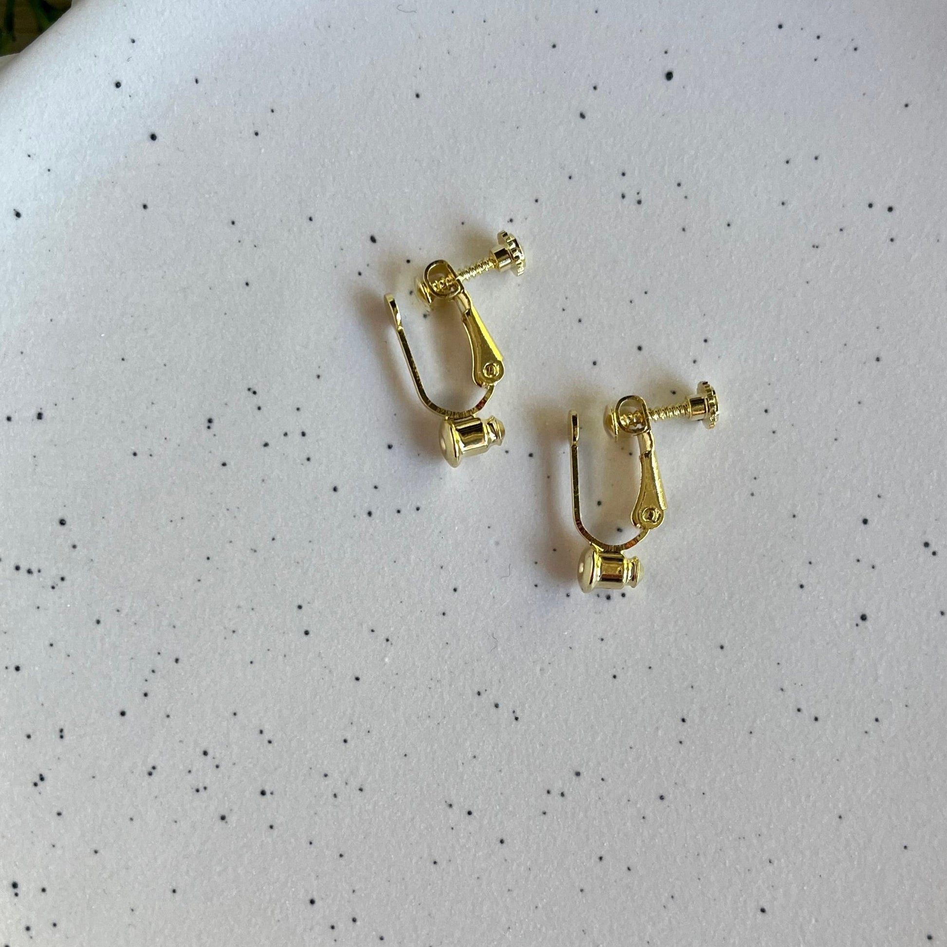 A pair of silver clip-on converters placed on a white, scallop-edged plate with a floral pattern in the background.